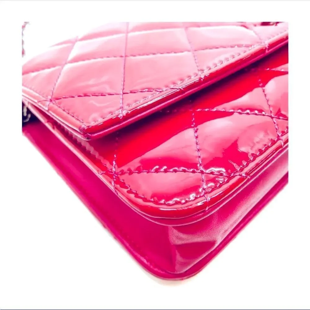 Auth Chanel Brilliant Pink Quilted Patent Leather Wallet on Chain (WOC) Clutch